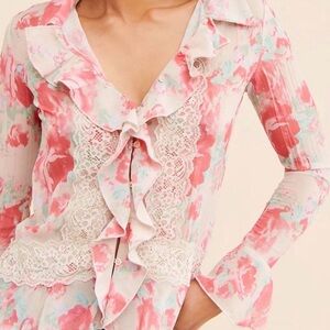 Floral Ruffle Blouse with Lace Detail
